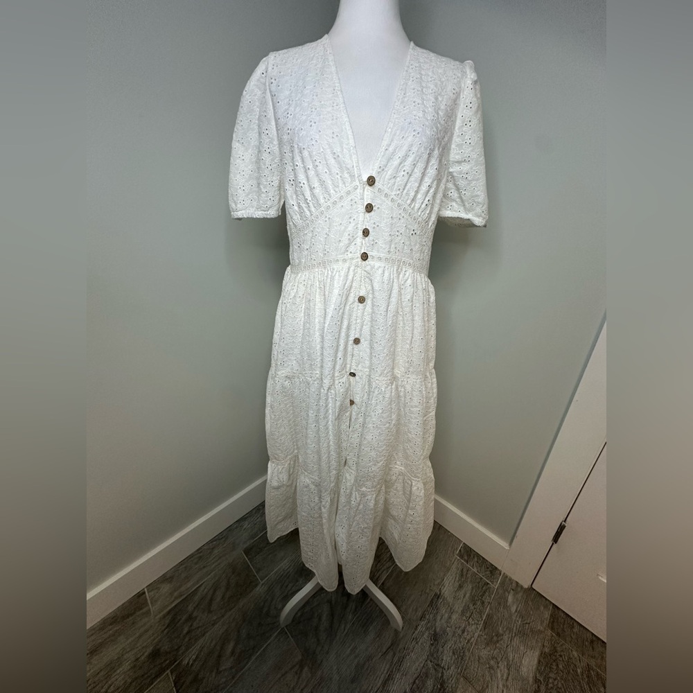 Zara White Lace Eyelet Boho Coastal Cottagecore Prairie Midi Dress Size Large - Picture 5 of 17